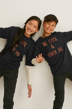 C&A Long Sleeve Genderneutral 2-in-1 Look Oberteile Mädchen Schwarz | WSUQF-9815