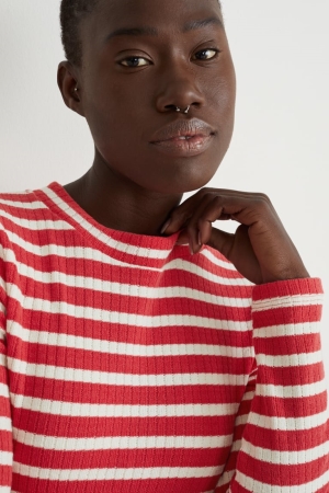 C&A Long Sleeve Gestreift Oberteile Damen Rot Weiß | PCUTA-9653