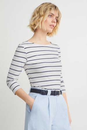 C&A Long Sleeve Gestreift Oberteile Damen Weiß | UVGMW-3954