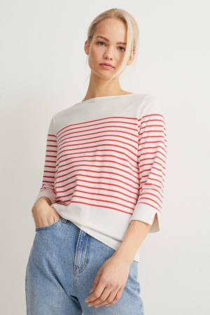 C&A Long Sleeve Gestreift Oberteile Damen Weiß Rot | ZRTBD-8539
