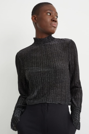 C&A Long Sleeve Shiny Oberteile Damen Schwarz | NMGYB-1793