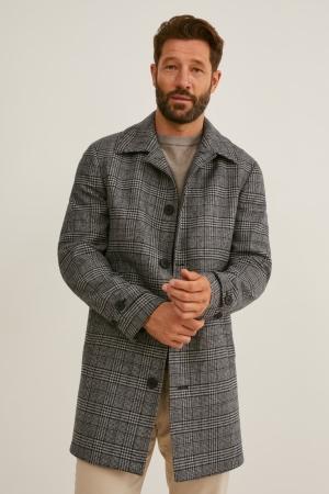C&A Merino Check Mäntel Herren Grau Schwarz | NTFKG-5794