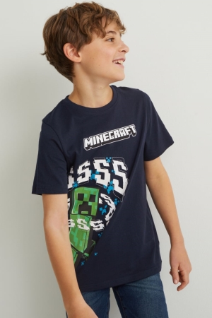 C&A Minecraft Sleeve With In-conversion Baumwoll T-shirts Jungen Dunkelblau | TJZPY-8206