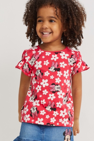 C&A Minnie Mouse Sleeve Floral T-shirts Mädchen Rot | KVQJW-8423