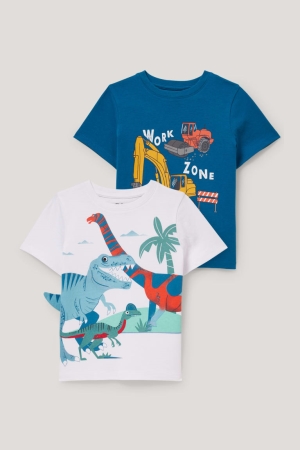 C&A Multipack Of 2 Dinosaur And Digger Sleeve T-shirts Jungen Blau Weiß | XDJWS-6812