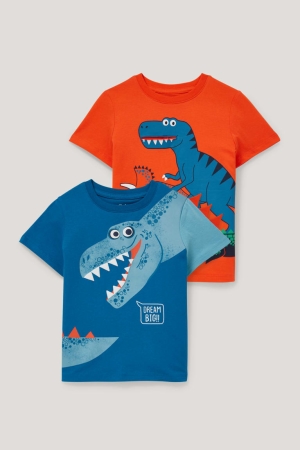 C&A Multipack Of 2 Dinosaur Sleeve T-shirts Jungen Orange Blau | QSCTE-7624