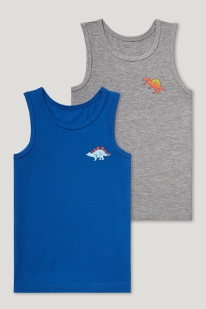 C&A Multipack Of 2 Dinosaur Vest Organic Baumwoll Unterwäsche Jungen Dunkelblau Grau | QRLET-5641