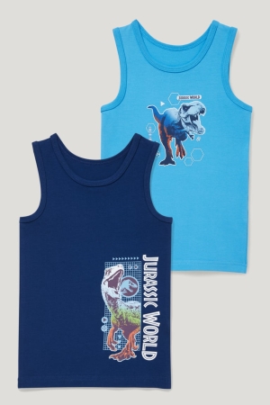C&A Multipack Of 2 Jurassic World Vest Organic Baumwoll Unterwäsche Jungen Blau Hellblau | XTWMV-6084