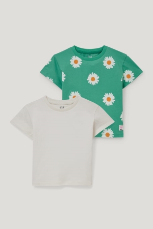 C&A Multipack Of 2 Sleeve In-conversion Baumwoll T-shirts Mädchen Weiß Grün | ERCHP-3952