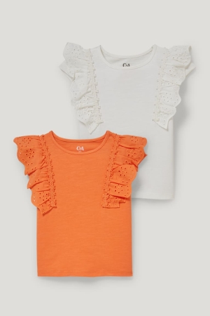 C&A Multipack Of 2 Sleeve With In-conversion Baumwoll T-shirts Mädchen Weiß Orange | DTNWZ-4589