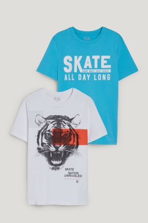 C&A Multipack Of 2 Sleeve With In-conversion Baumwoll T-shirts Jungen Weiß Hellblau | JRXIV-0536