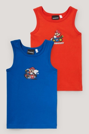 C&A Multipack Of 2 Super Mario Vest Organic Baumwoll Unterwäsche Jungen Rot Dunkelblau | WYMVZ-6092