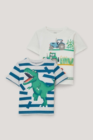 C&A Multipack Of 2 Tractor And Dinosaur Sleeve T-shirts Jungen Weiß | XKRFN-6921