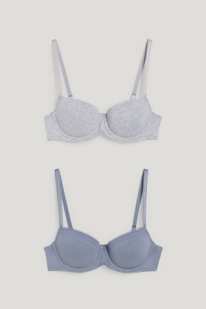 C&A Multipack Of 2 Underwire Bra Demi Gepolstert Lycra® Unterwäsche Damen Blau Grau | LUQWI-3490
