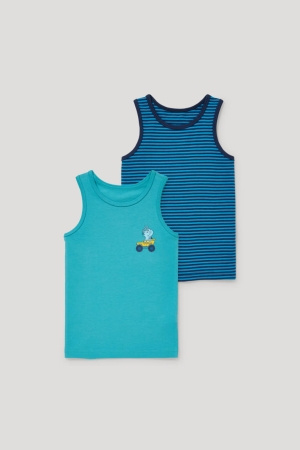 C&A Multipack Of 2 Vest Organic Baumwoll Unterwäsche Jungen Blau Türkis | GSEJD-4625