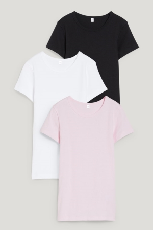 C&A Multipack Of 3 Base Layer Organic Baumwoll Oberteile Mädchen Schwarz Rosa | DYVAN-0721