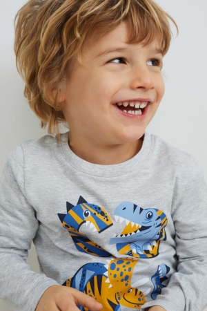 C&A Multipack Of 3 Dinosaur Long Sleeve Oberteile Jungen Dunkelblau | VWMFK-1324