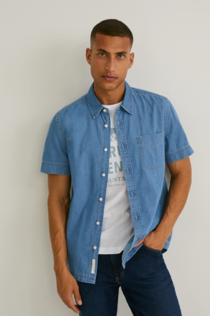 C&A Mustang Denim Slim Fit Kent Collar Hemd Herren Blau Hellblau | BOAQP-6037
