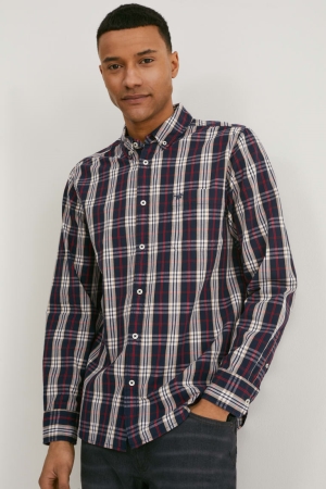 C&A Mustang Regular Fit Button-down Collar Check Hemd Herren Rot Dunkelblau | YWSGN-5438