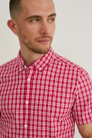 C&A Mustang Slim Fit Button-down Collar Check Hemd Herren Weiß Rot | JNCAH-6154