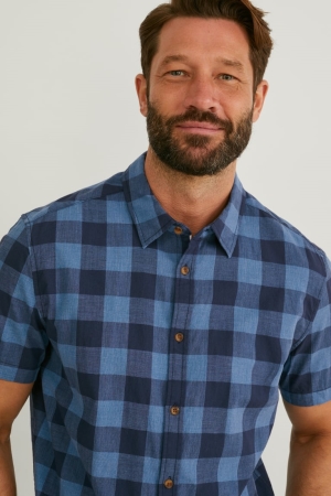 C&A Mustang Slim Fit Kent Collar Check Hemd Herren Blau Dunkelblau | LWFKQ-6470