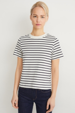 C&A Organic Baumwoll Gestreift T-shirts Damen Dunkelblau Weiß | NQSMB-6079