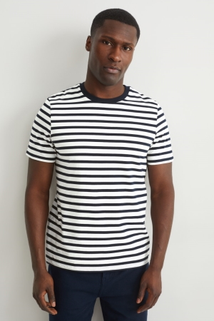 C&A Organic Baumwoll Gestreift T-shirts Herren Dunkelblau Weiß | QHFJA-3158