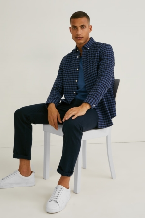 C&A Oxford Regular Fit Button-down Collar Check Hemd Herren Dunkelblau | TYMCG-6518