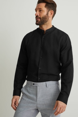 C&A Oxford Slim Fit Band Collar Hemd Herren Schwarz | JGDAQ-7153