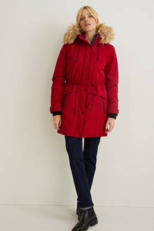 C&A Parka With Hood And Faux Fur Trim Winter Mäntel Damen Rot | KPNDA-8627