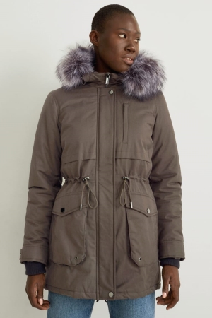 C&A Parka With Hood And Faux Fur Trim Winter Mäntel Damen Dunkelgrün | ZIASF-2713