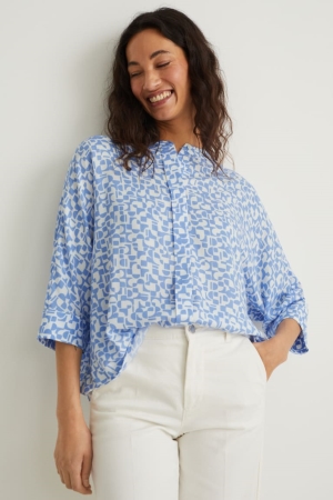 C&A Patterned Bluse Damen Weiß Hellblau | DBILZ-8235