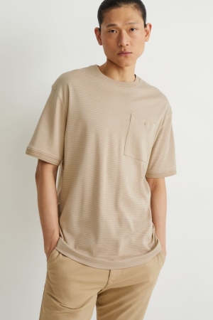 C&A Pima Baumwoll Gestreift T-shirts Herren Beige | GEWFY-3915