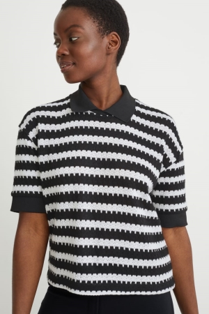 C&A Polo Gestreift Hemd Damen Schwarz Weiß | LXTFE-7380