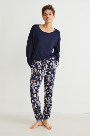 C&A Pyjamas Floral Nachtwäsche Damen Dunkelblau | ISCXR-6213
