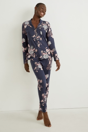 C&A Pyjamas Floral Nachtwäsche Damen Dunkelblau | UWBKD-6937