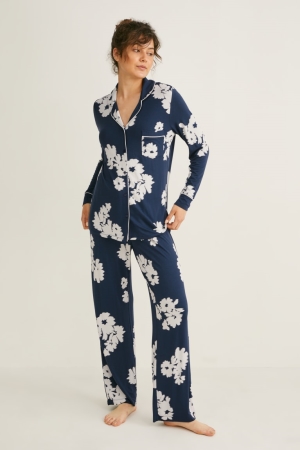 C&A Pyjamas Floral Nachtwäsche Damen Dunkelblau | VDRTY-8470