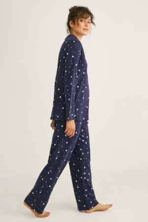 C&A Pyjamas Patterned Nachtwäsche Damen Dunkelblau | QKFEV-0983