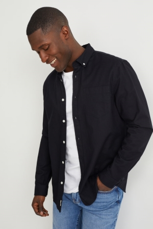 C&A Regular Fit Button-down Collar Organic Baumwoll Hemd Herren Schwarz | VQGXT-1053