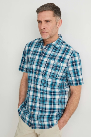 C&A Regular Fit Kent Collar Check Hemd Herren Türkis | LBVKX-0578