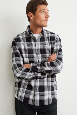 C&A Regular Fit Kent Collar Check Hemd Herren Weiß Schwarz | PHFNZ-4890