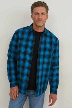 C&A Regular Fit Kent Collar Check Hemd Herren Blau | QWAMZ-5704