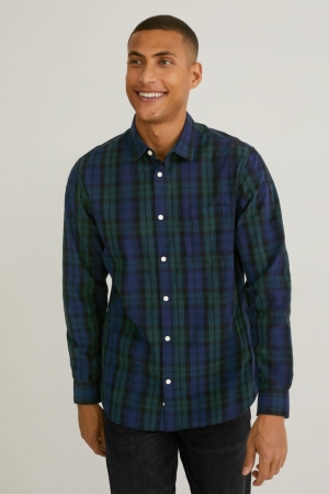 C&A Regular Fit Kent Collar Check Hemd Herren Dunkelgrün | SIHZT-6358