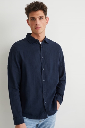 C&A Regular Fit Kent Collar With Linen Made From European Flax® Hemd Herren Dunkelblau | CGKHZ-9564