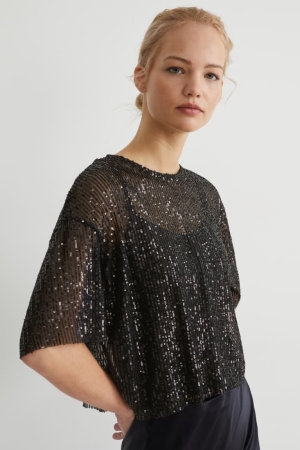C&A SequinShiny T-shirts Damen Schwarz | NEFOG-7065