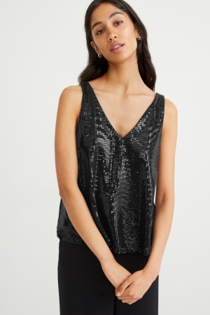 C&A Sequin Shiny Oberteile Damen Schwarz | HSIRP-2839