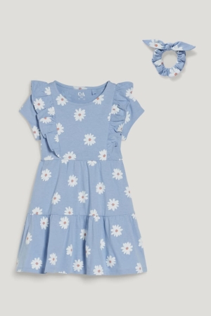 C&A Set And Scrunchie 2 Piece Floral Kleider Mädchen Hellblau | QBIDH-6823