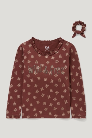 C&A Set Long Sleeve And Scrunchie 2 Piece Patterned Oberteile Mädchen Braun | SLYOK-1805
