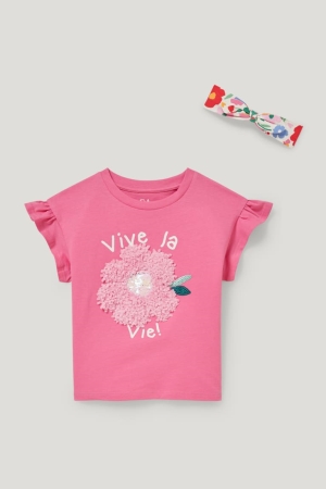 C&A Set Sleeve And Hairband 2 Piece Floral T-shirts Mädchen Rosa | VQRGF-9632