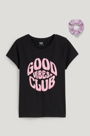 C&A Set Sleeve And Scrunchie In-conversion Baumwoll T-shirts Mädchen Schwarz | GPNTJ-5361